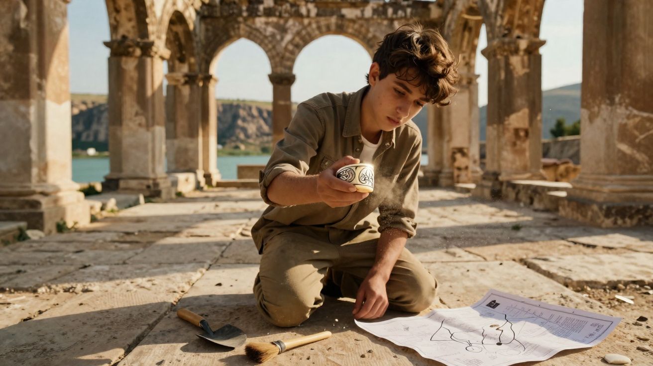 Jovem arqueólogo examina artefacto em ruínas antigas junto de ferramentas e mapa no chão.