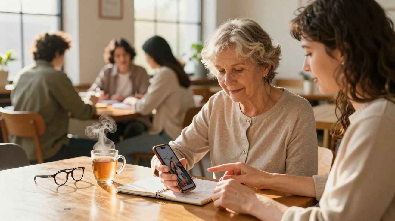 Duas mulheres sentadas numa mesa com chá, a olhar para o ecrã de um telemóvel numa sala iluminada.