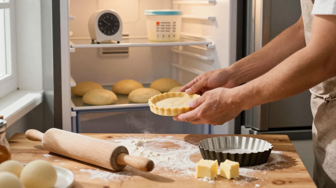 Pessoa a preparar tarte com massa numa cozinha, com rolo de massa e ingredientes na bancada de madeira