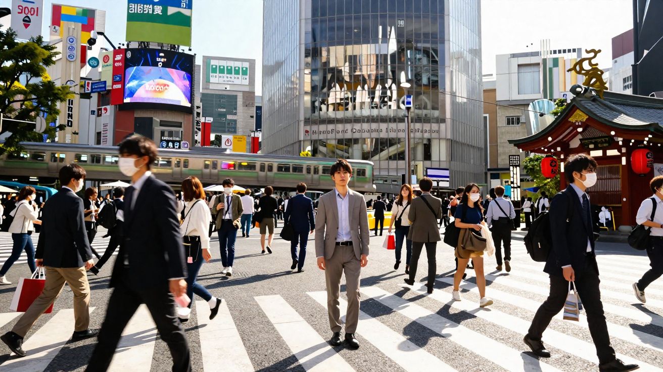 Movimento de pessoas a atravessar passadeiras numa rua movimentada de cidade com edifícios modernos.