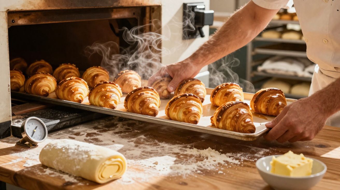 Pessoa a retirar croissants acabados de sair do forno numa bandeja, com massa e manteiga à mesa.