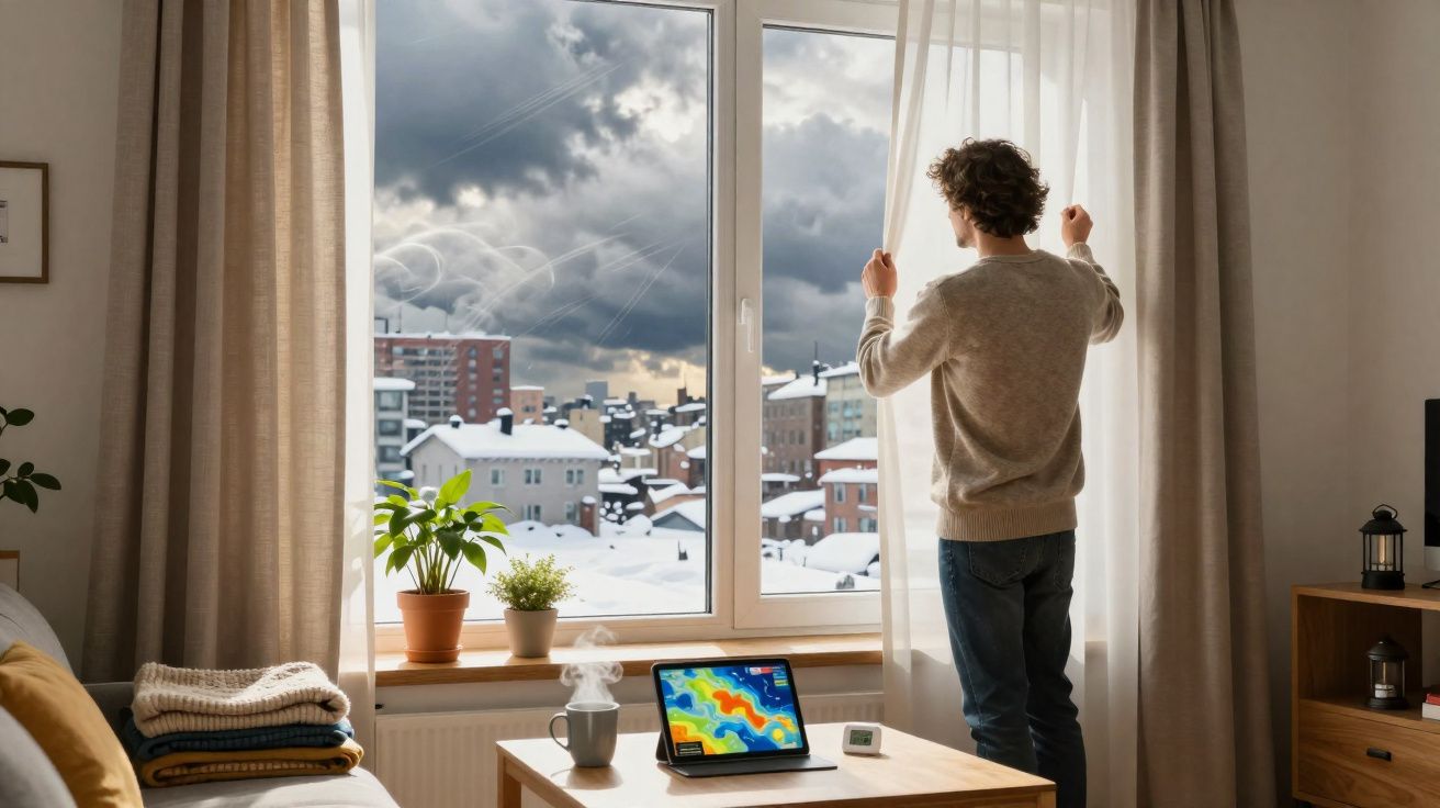 Homem abre cortinas para ver a neve a cair numa cidade sob céu nublado a partir de uma sala acolhedora.