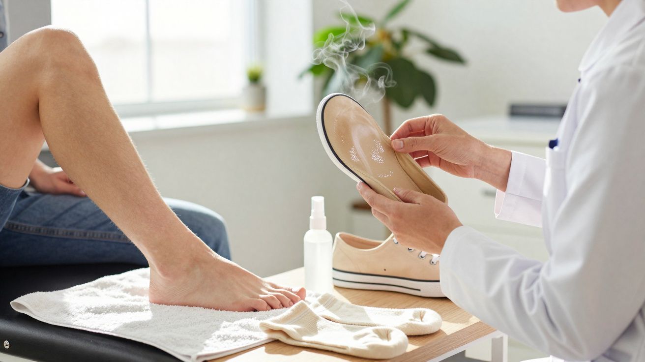 Profissional de saúde analisa palmilha aquecida enquanto paciente com pé descalço espera.
