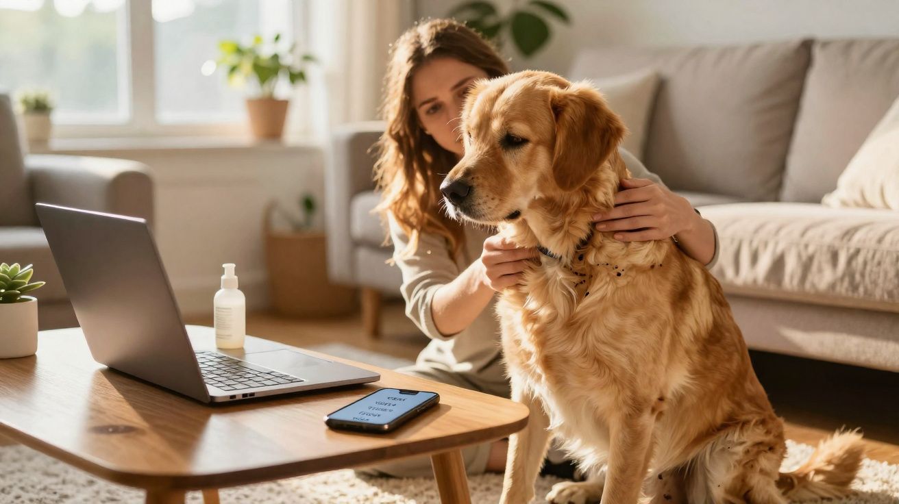 Mulher a colocar coleira num cão dourado junto à mesa com portátil e smartphone numa sala iluminada.
