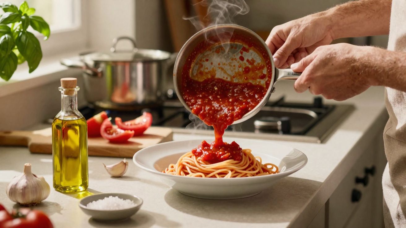 Pessoa a servir molho de tomate quente sobre esparguete numa cozinha iluminada natural.