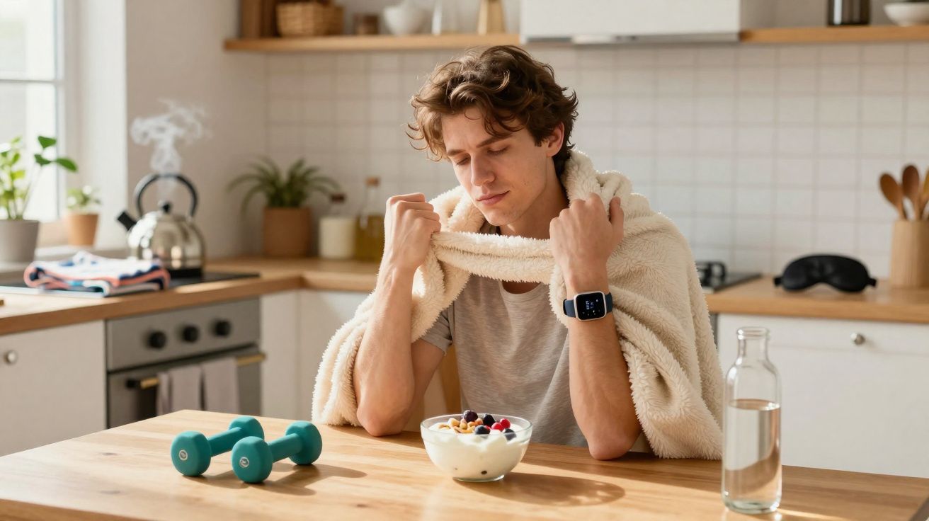 Homem jovem com camisola enrolada ao pescoço sentado à mesa com iogurte e frutas, ao lado de halteres e garrafa de água.