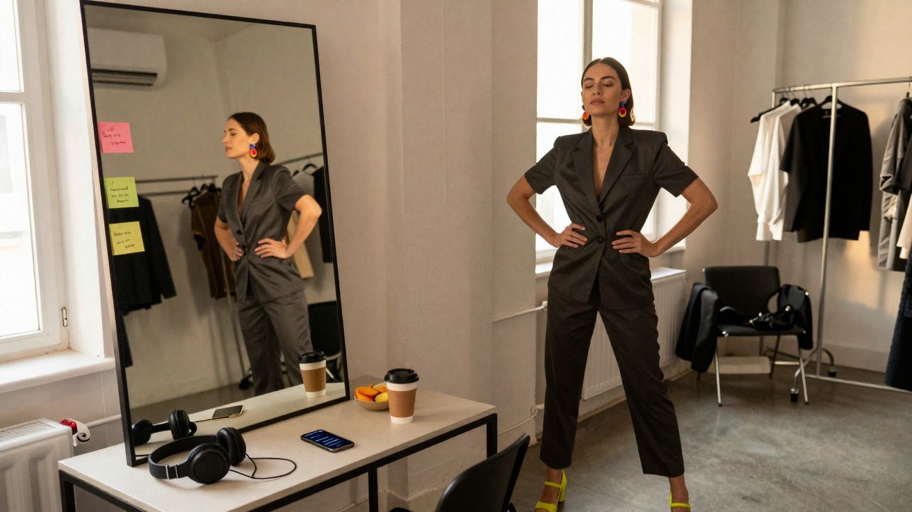 Mulher vestida de fato preto e saltos amarelos em pose confiante num quarto com espelho e roupas penduradas.