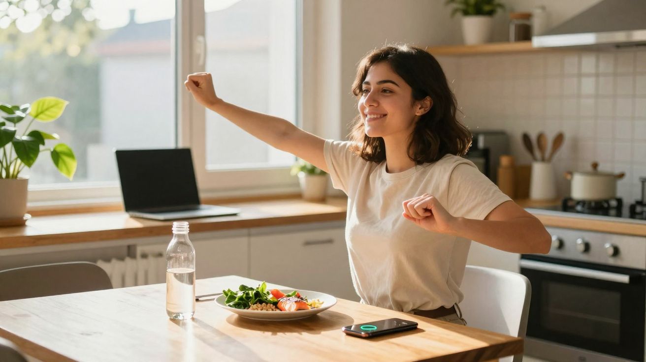 Mulher a alongar-se e sorrir sentado à mesa com prato de comida saudável numa cozinha iluminada.