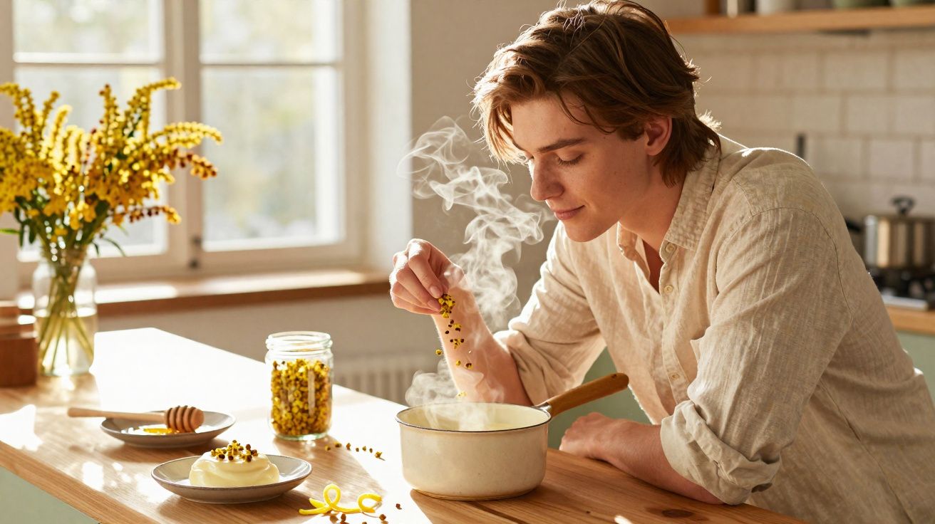 Jovem a cozinhar na cozinha, polvilhando ingredientes num tacho fumegante.