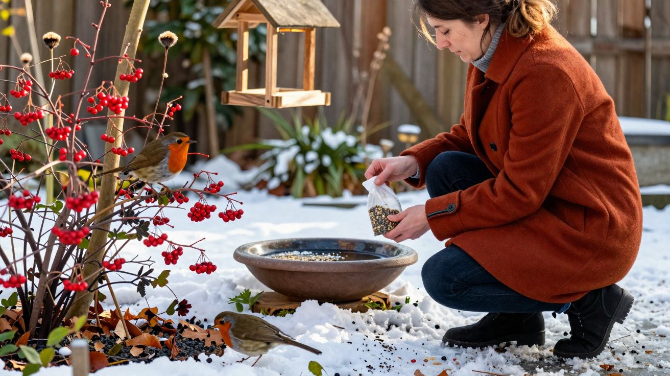 Mulher a alimentar pássaros vermelhos na neve junto a arbusto com bagas vermelhas e comedouro.