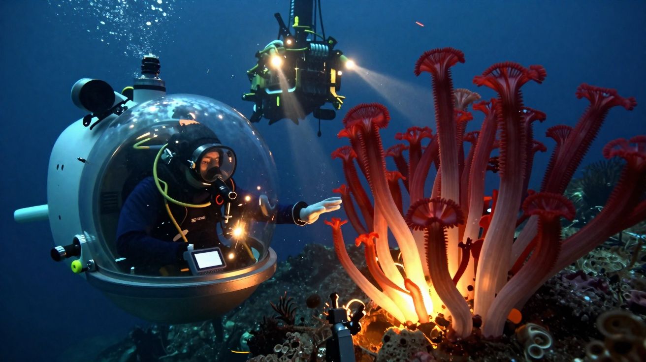 Mergulhador em cápsula subaquática observa tentáculos vermelhos iluminados no fundo do oceano.