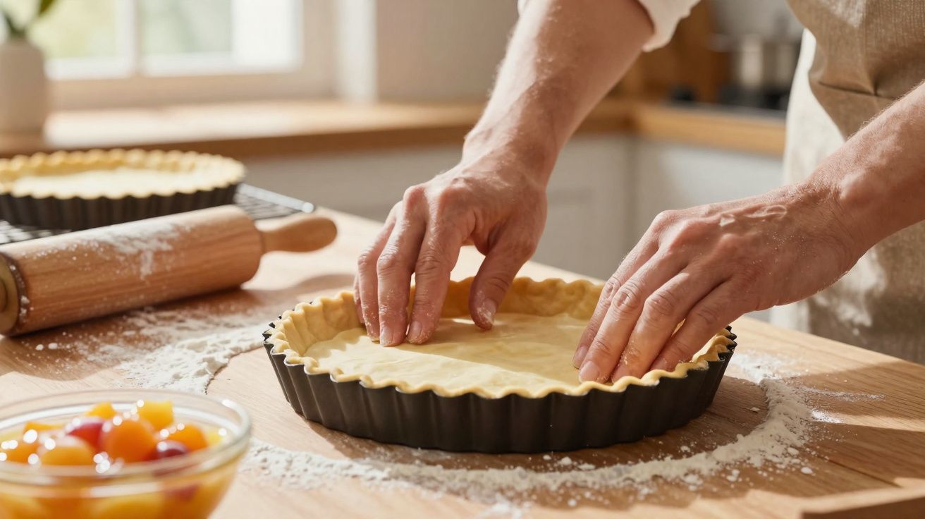 Mãos a moldar massa numa forma de tarte numa cozinha com ingredientes visíveis numa bancada.