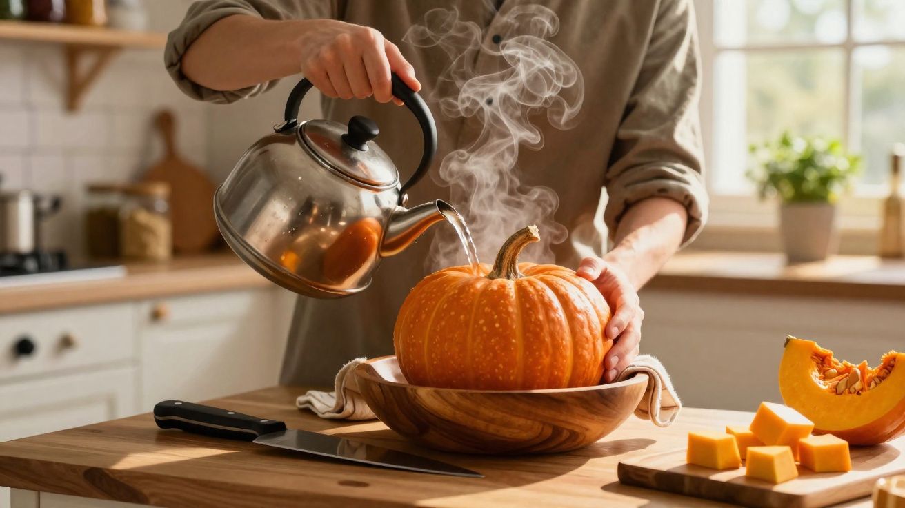 Pessoa a deitar água quente numa abóbora inteira numa cozinha iluminada, com pedaços de abóbora ao lado.