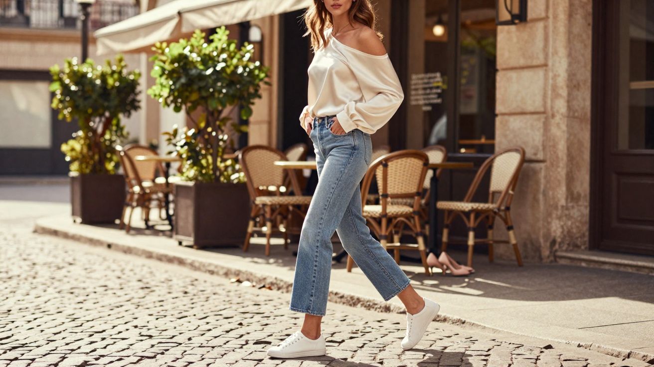 Mulher de pé na calçada em roupa casual com blusa ombro a ombro, jeans e ténis brancos junto a esplanada.