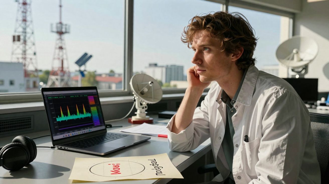 Homem jovem concentrado a trabalhar num gráfico em laptop numa sala iluminada com janelas amplas.