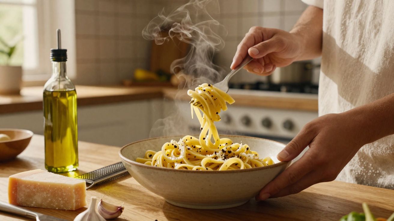 Prato de massa quente com especiarias sendo servido por pessoa numa cozinha iluminada.