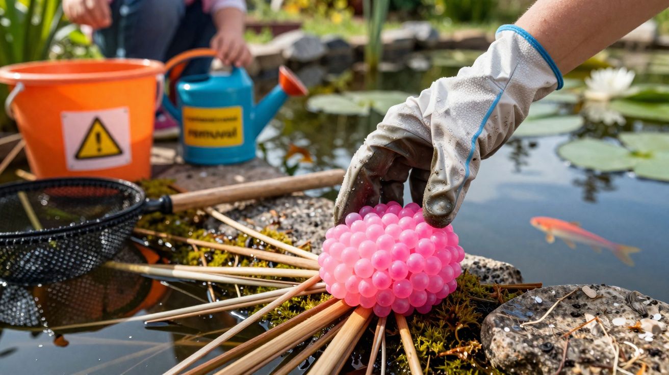 Mão com luva a colocar bola rosa com ovos junto a lagoa com peixes e utensílios de jardinagem.