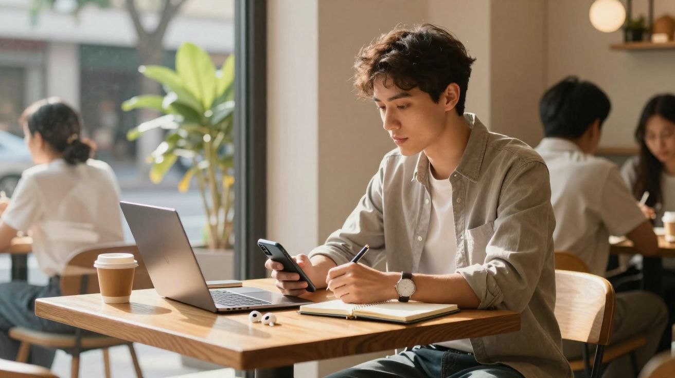 Jovem sentado numa mesa de café a usar telemóvel, com portátil, caderno e café à sua frente.