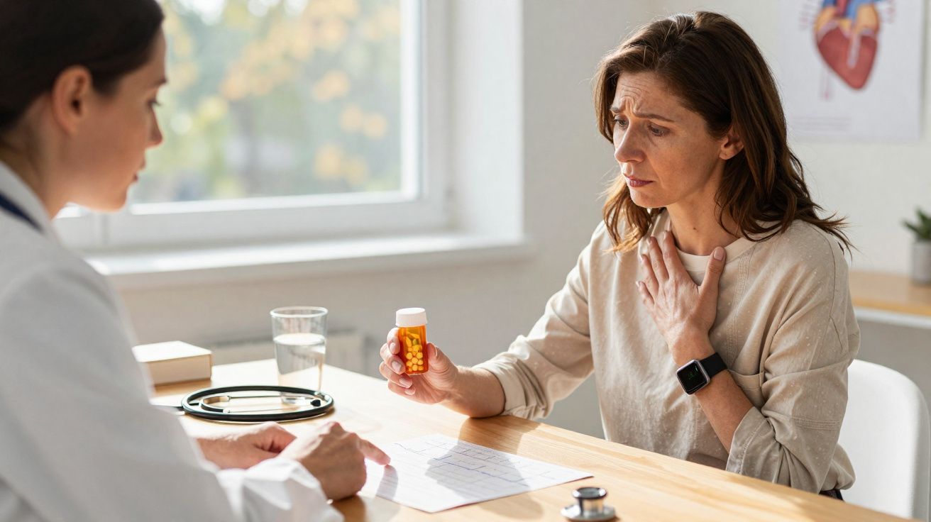 Mulher sinaliza dor no peito enquanto médica explica medicação durante consulta num consultório iluminado.