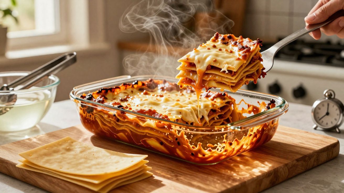 Lasanha quente e fumegante a ser servida numa travessa de vidro numa cozinha iluminada.