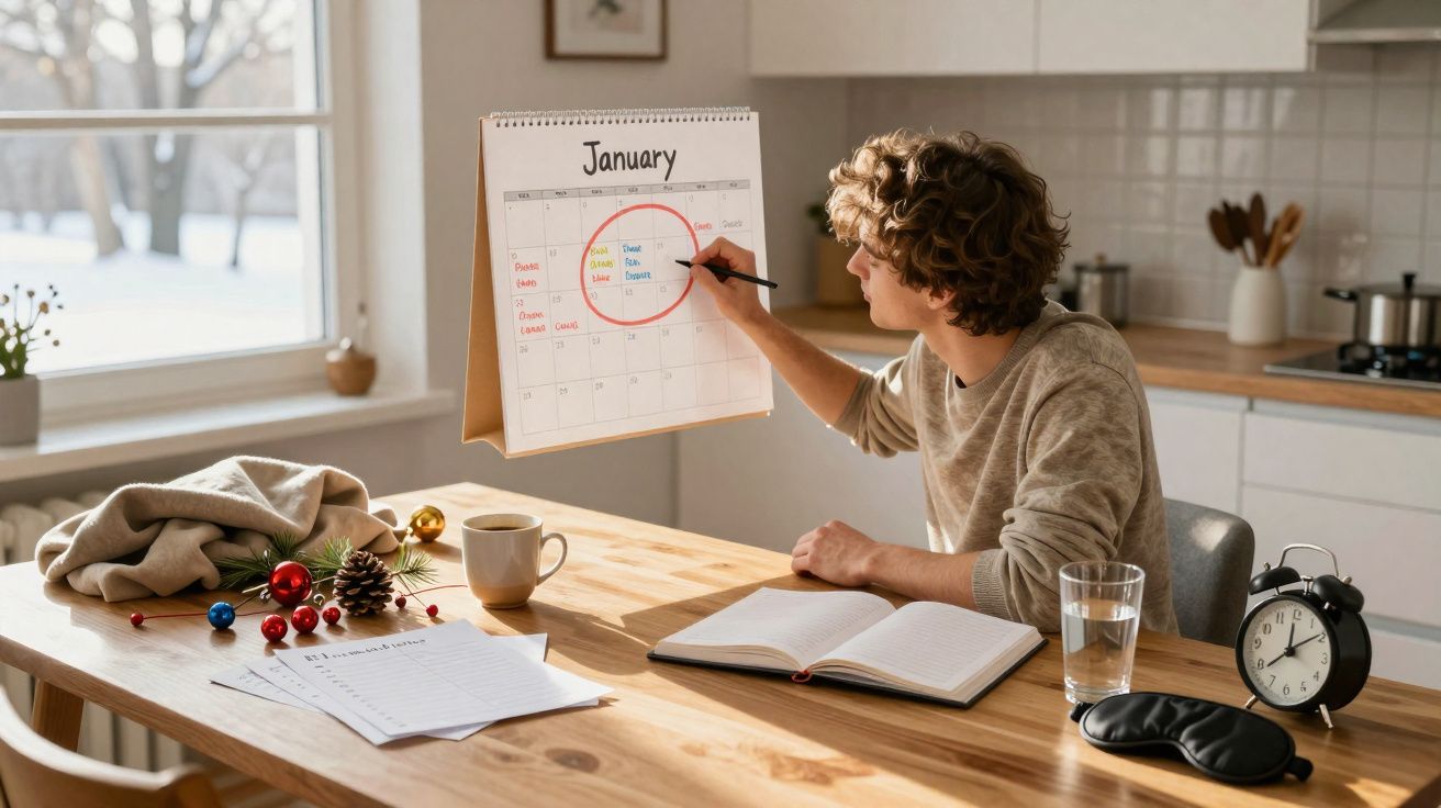 Pessoa a planear o mês de janeiro num calendário de mesa numa cozinha luminosa, com livro e despertador à sua frente.
