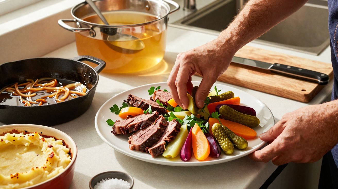 Pessoa a decorar prato com carne fatiada, legumes coloridos e picles numa cozinha iluminada.