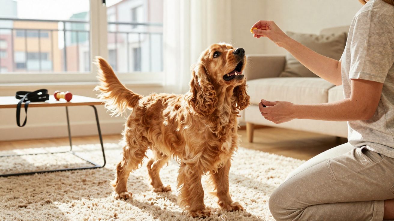Cão com pelo longo castanho a olhar atento para pessoa que lhe oferece um petisco numa sala luminosa.