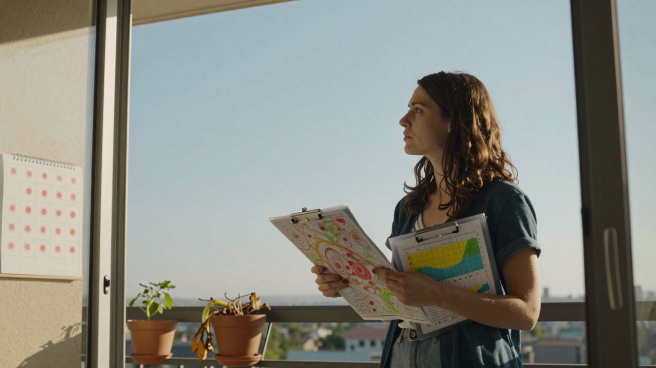 Mulher com pranchetas na mão a olhar pela janela em varanda com vasos de plantas ao sol.