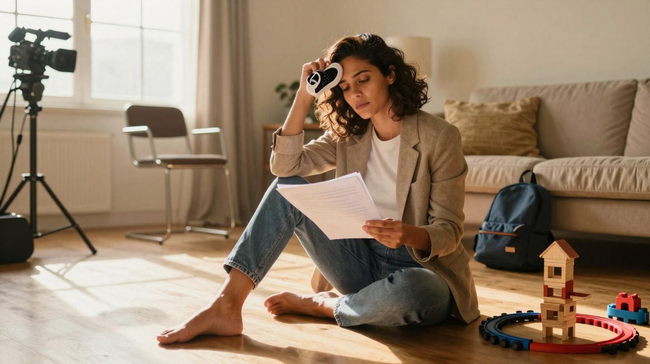Mulher sentada no chão a ler documentos, segurando uma máscara de filme, numa sala com câmera e brinquedos.