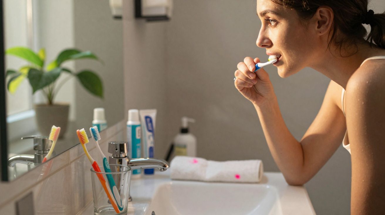 Mulher a escovar os dentes junto a lavatório com várias escovas e produtos de higiene pessoal.