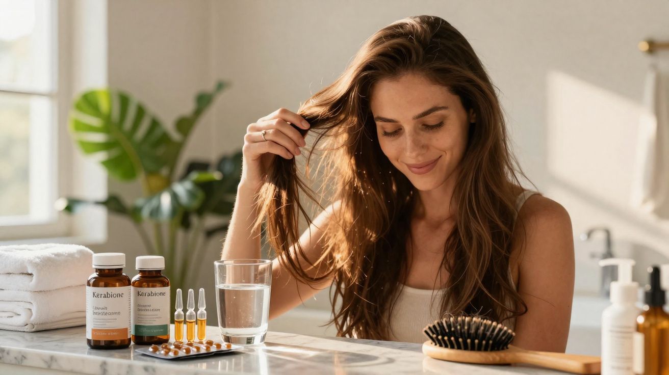 Mulher sorridente cuida do cabelo num lavabo com produtos, escova e copo de água sobre a bancada.