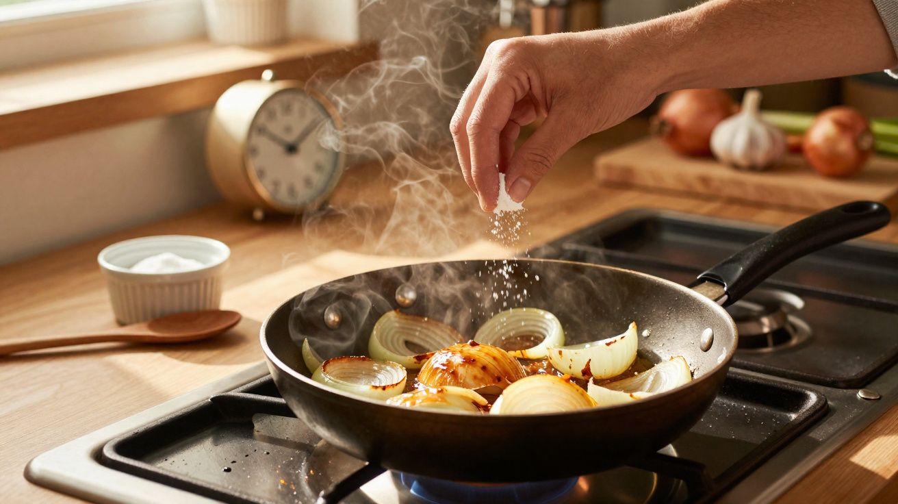 Mão a temperar cebolas a cozinhar numa frigideira sobre um fogão a gás com vapor a subir.