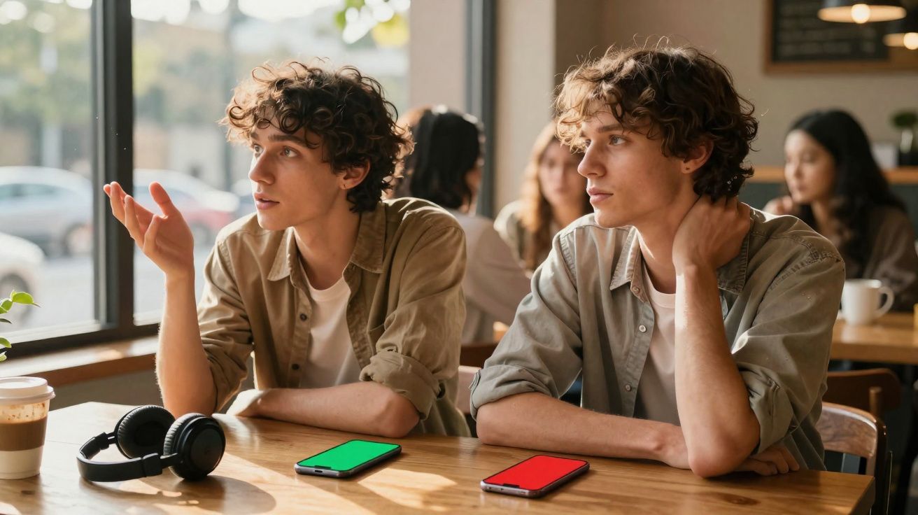 Dois jovens com camisolas bege sentados num café com telemóveis coloridos e auscultadores numa mesa de madeira.