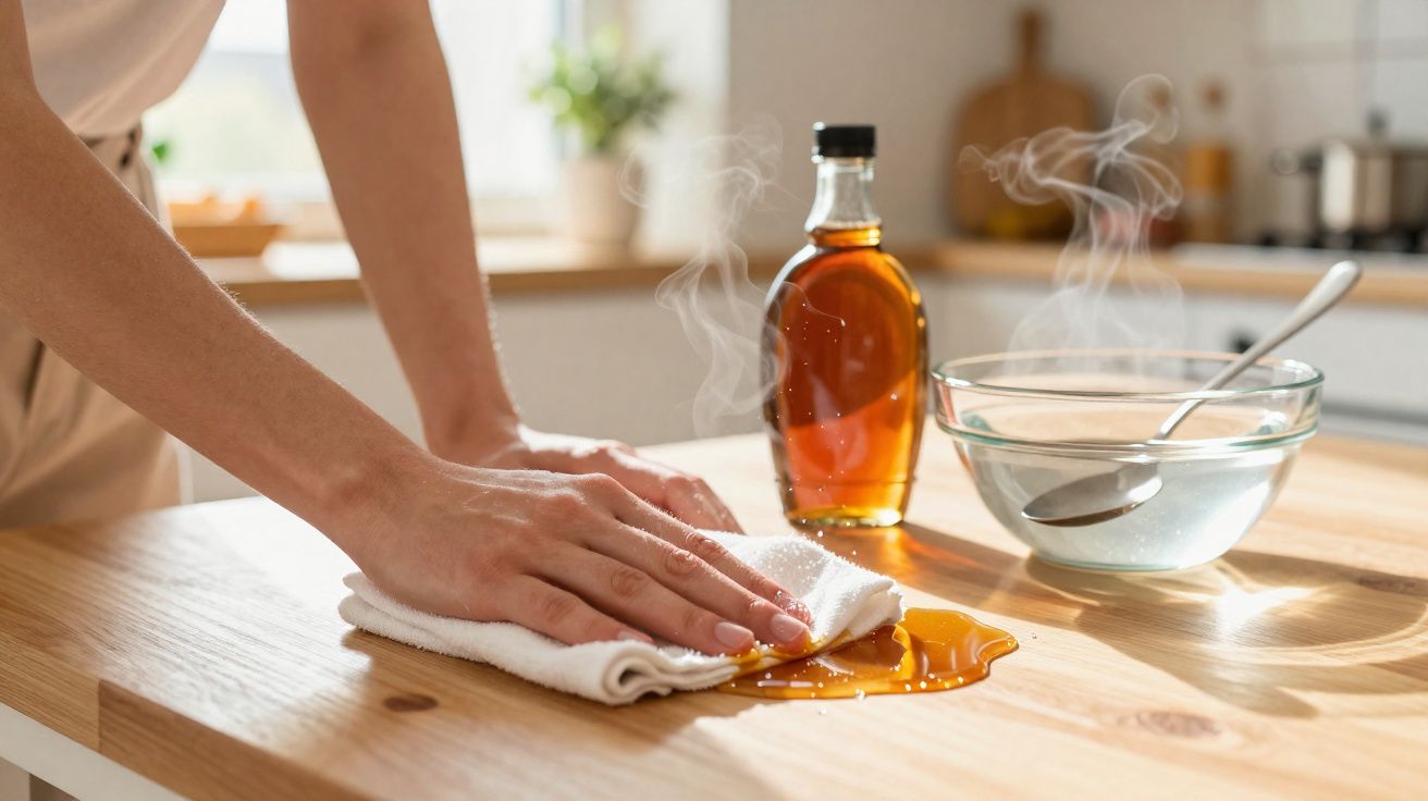 Pessoa a limpar caramelo derramado sobre balcão de madeira numa cozinha luminosa.