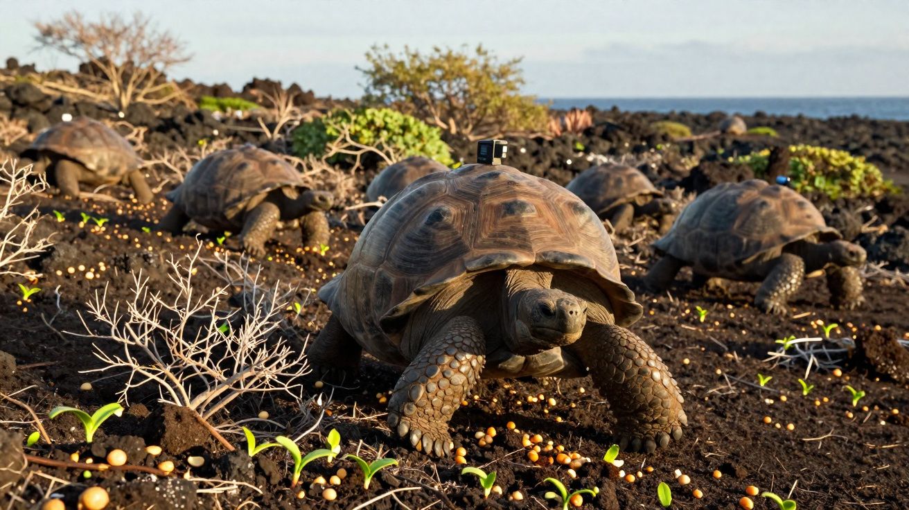 Várias tartarugas gigantes caminhando em terreno árido com vegetação esparsa e um dispositivo no casco.