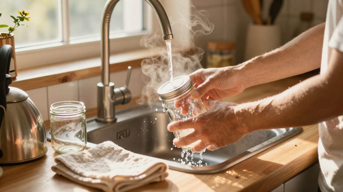 Mãos a lavar um frasco de vidro com água quente a sair da torneira numa cozinha iluminada pelo sol.