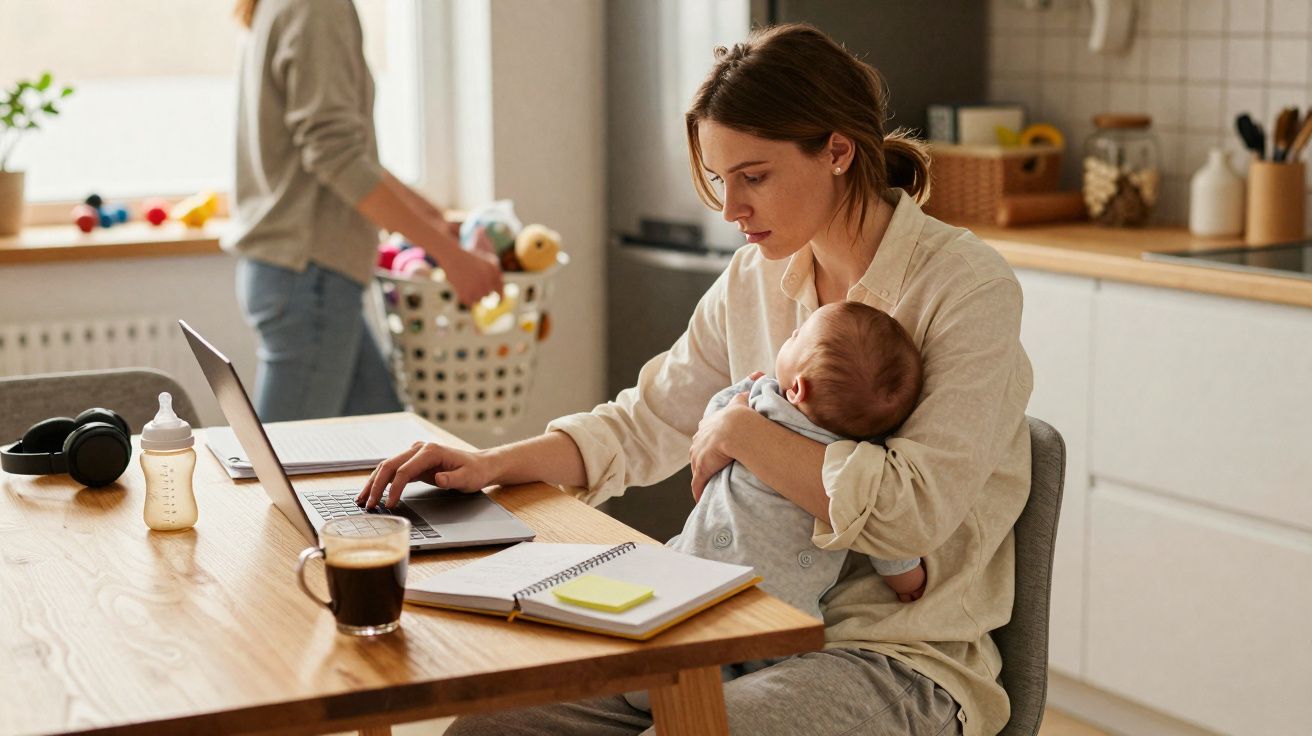 Mulher a trabalhar no computador enquanto segura um bebé no colo numa cozinha iluminada.