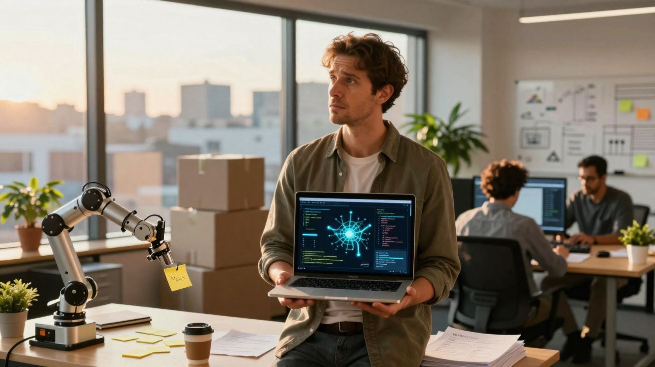 Homem em escritório mostra portátil com gráficos de dados ao lado de braço robótico e colegas a trabalhar.