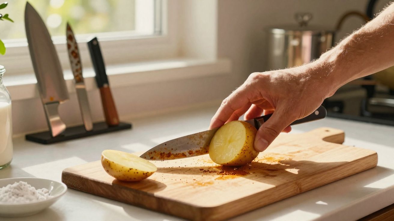Mão a cortar uma batata ao meio com uma faca numa tábua de madeira numa cozinha iluminada.