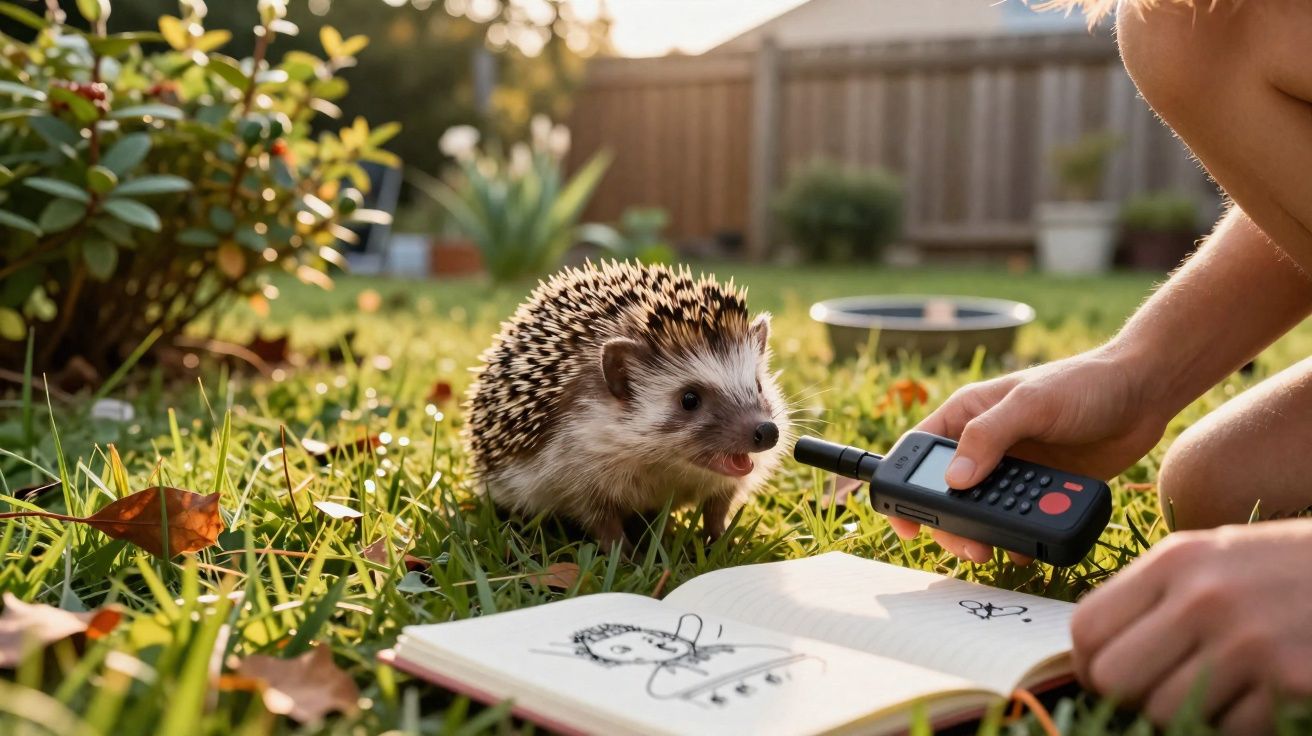 Ouriço na relva observa uma pessoa a segurar um walkie-talkie junto a um caderno de desenhos.