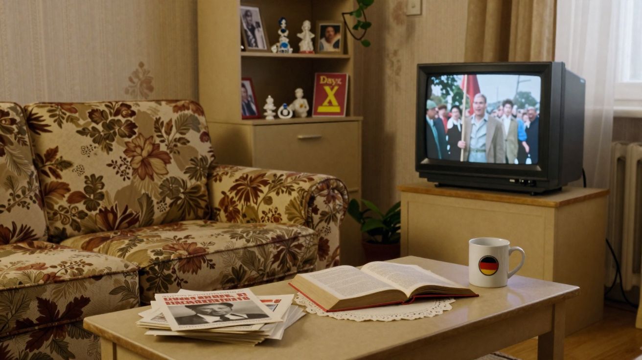Sala de estar vintage com sofá floral, televisão antiga, mesa com livros, revistas e caneca decorada com bandeira alemã.