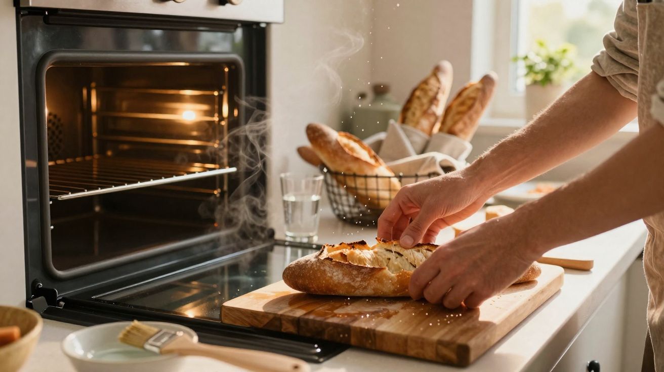 Mãos a retirar pão quente acabado de cozer num tabuleiro de madeira, junto a forno aberto e cesta com baguetes.