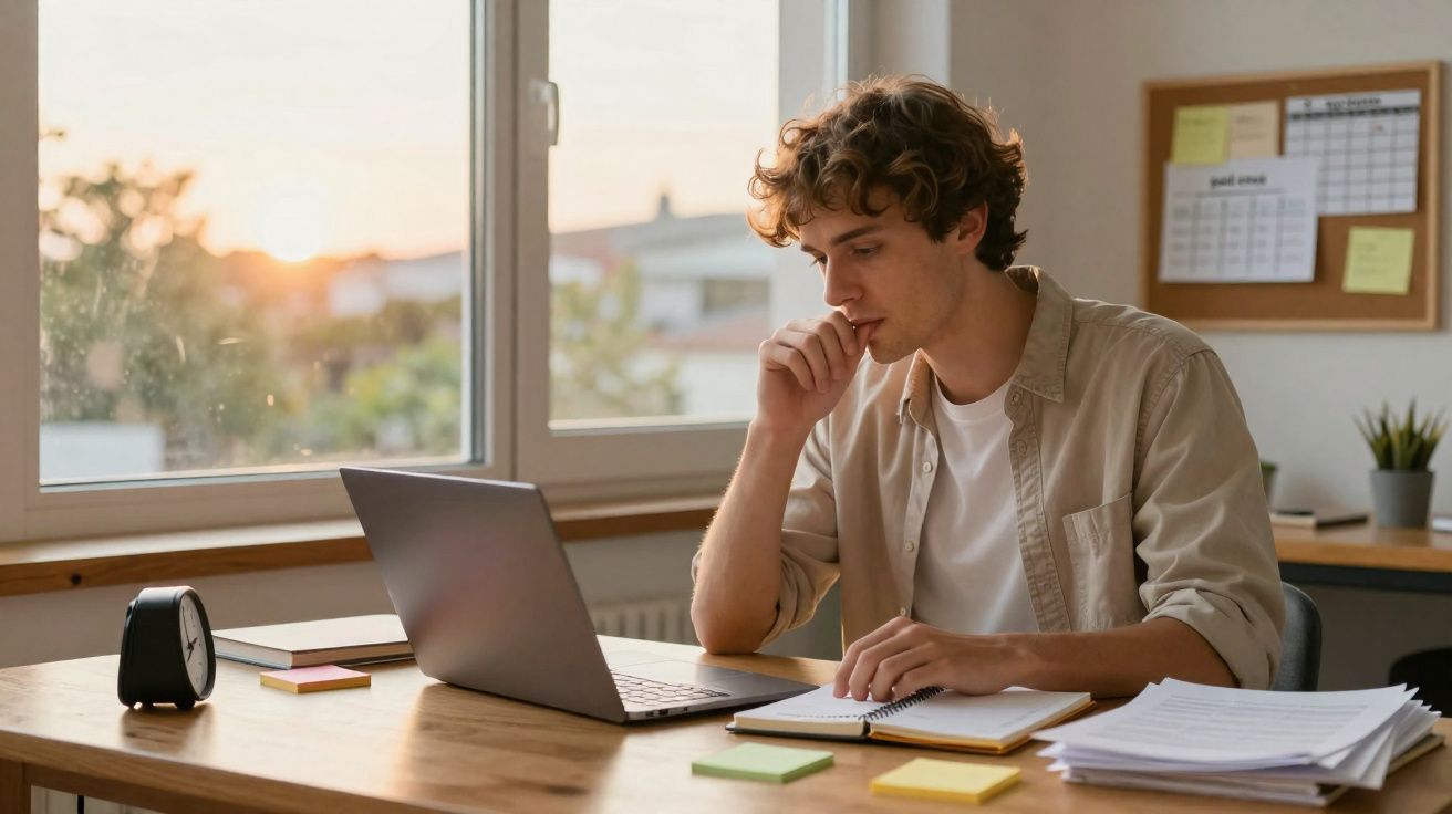 Jovem a estudar ou trabalhar num computador portátil junto a uma janela com pôr do sol, rodeado de papelada e notas.