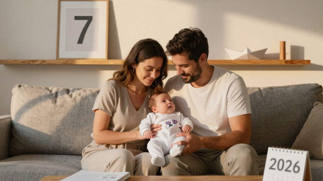 Casal sorridente sentado no sofá com bebé nos braços num ambiente acolhedor e moderno.