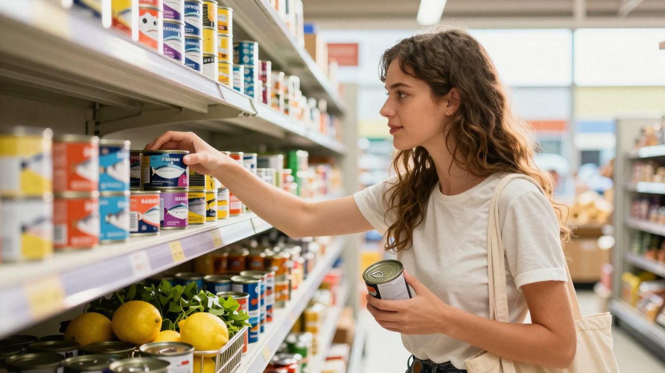 Mulher jovem a escolher latas numa prateleira de supermercado, segurando outra lata na mão.