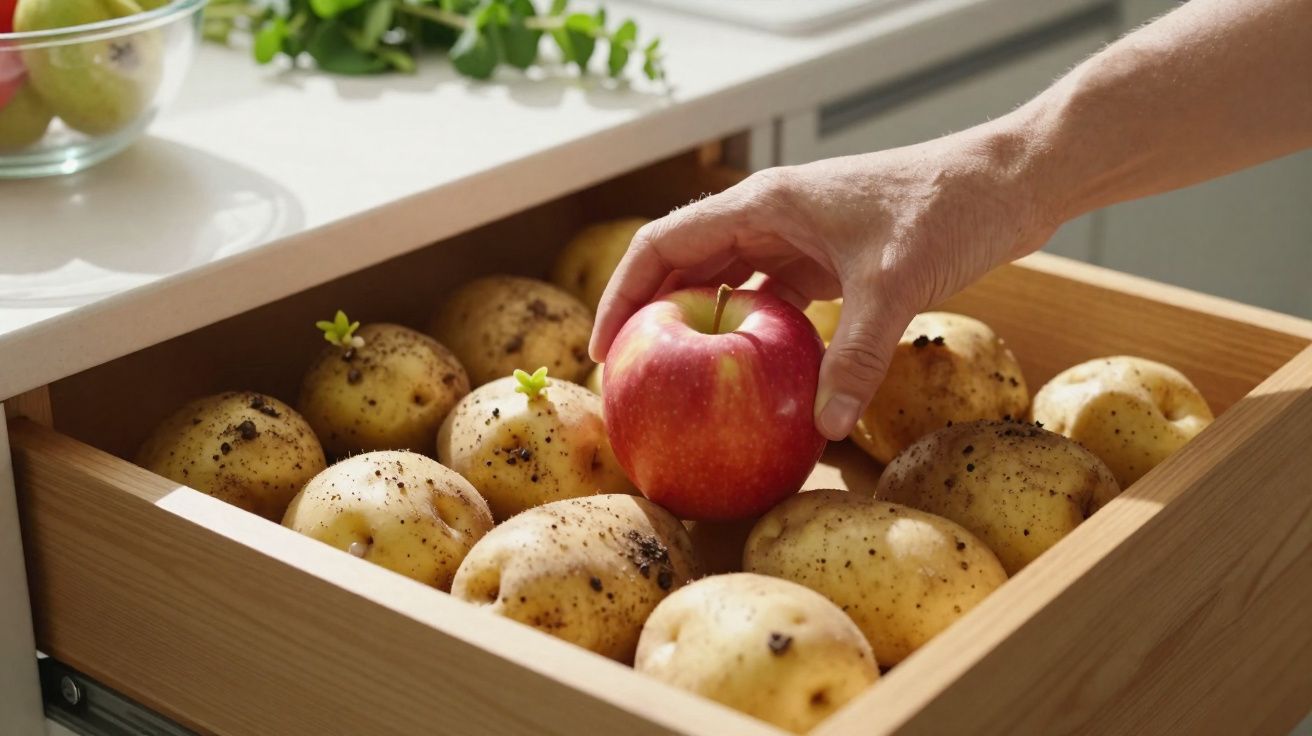 Mão a segurar uma maçã vermelha sobre uma gaveta com batatas sujas e com brotos.