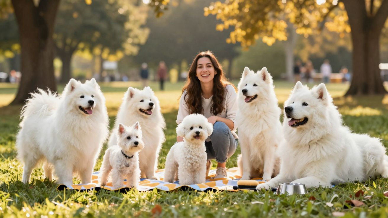 Mulher sorridente sentada num parque com seis cães brancos de diferentes raças junto a uma manta.