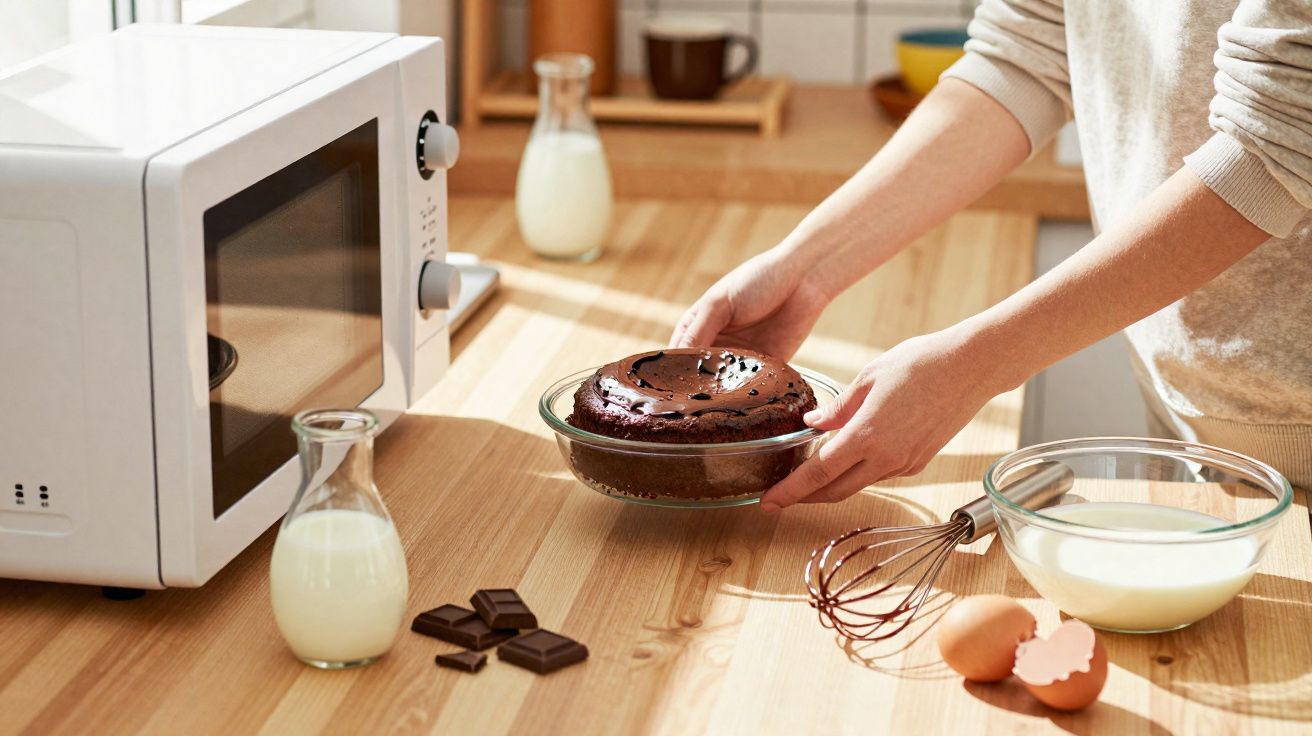 Pessoa a retirar bolo de chocolate do forno micro-ondas numa cozinha com ingredientes ao lado.