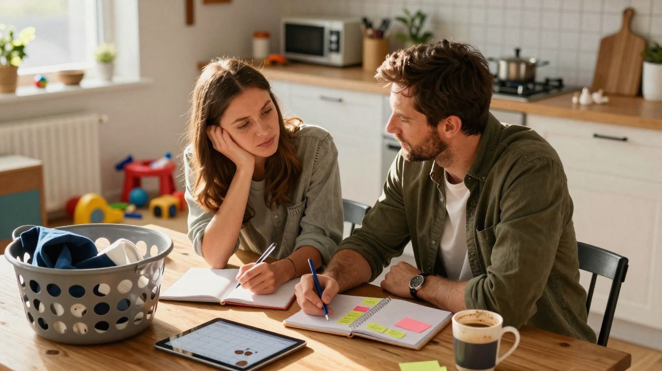 Casal sentado à mesa da cozinha a planear gastos domésticos com caderno, tablet e café.