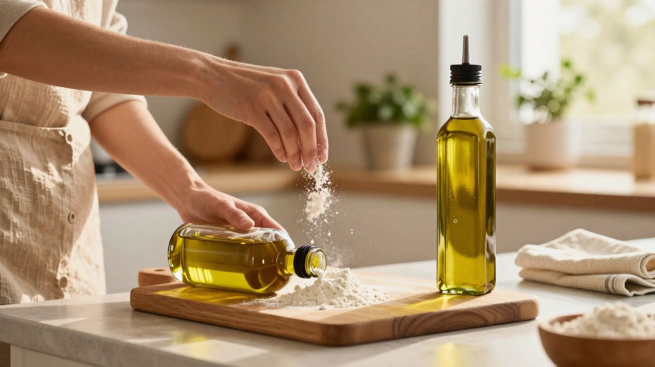 Pessoa a temperar farinha com sal, com garrafas de azeite numa cozinha iluminada.